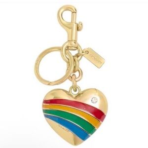 Coach NWT Gold Heart Keychain with Rainbow Enamel Stripes